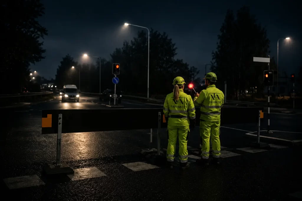 Trafikvakter som dirigerar trafik vid ett vägarbete
