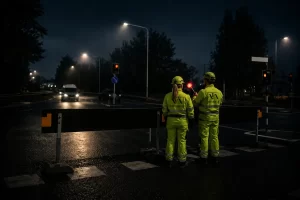 Trafikvakter som dirigerar trafik vid ett vägarbete