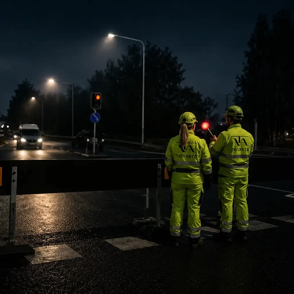 Trafikvakter som dirigerar trafik vid ett vägarbete